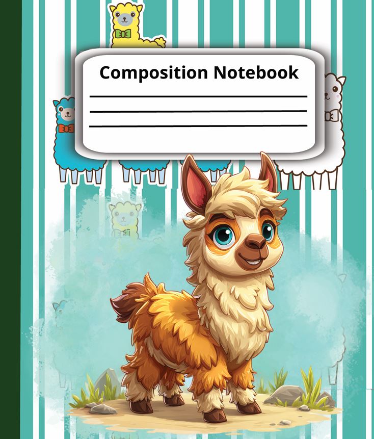 Llama Composition Notebook: Wide Ruled Paper, 7.5" x 9.25", Cyan Covers, 110 Sheets cover